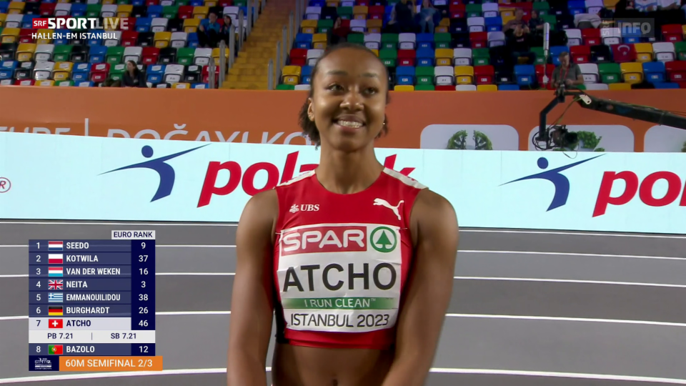 Der 60-m-Halbfinal mit Sarah Atcho